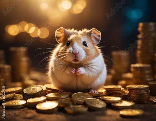 A hamster sits among gold coins against a background of golden bokeh photo