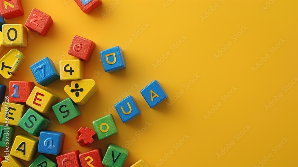 A vibrant photo of a set of toy blocks with letters and numbers, arranged neatly against a solid yellow background. A vibrant photo of a set of toy blocks with letters and numbers, arranged neatly against a solid yellow background.