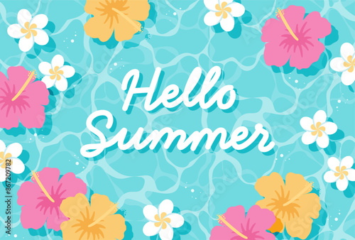 summer vector background with hibiscus and plumeria flowers floating in water for banners, cards, flyers, social media wallpapers, etc.