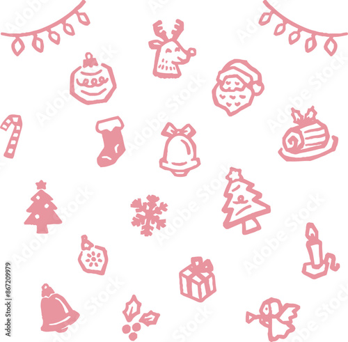 クリスマス アイコン あしらい 飾り 版画 判子 シルエット 線 かわいい イラスト素材セット