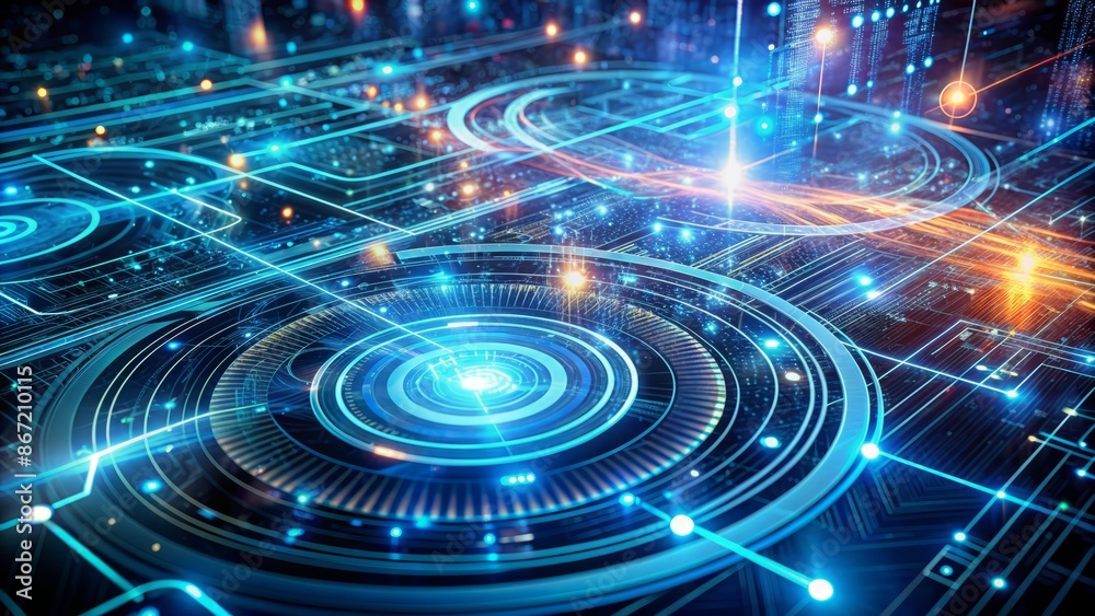 3D illustration of a futuristic circuit board with glowing blue and orange lights. 3D illustration of a futuristic circuit board with glowing blue and orange lights.