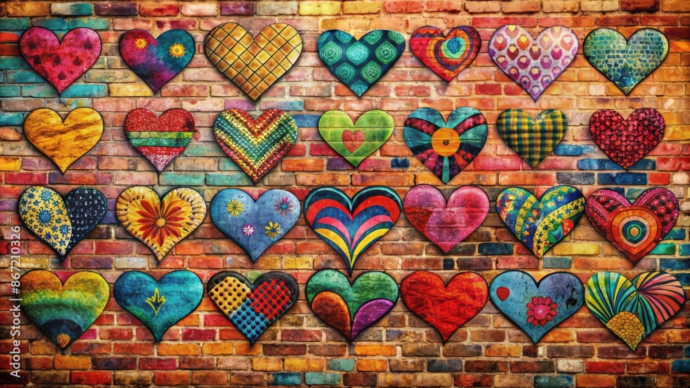 This is a brick wall with a bunch of colorful painted hearts. This is a brick wall with a bunch of colorful painted hearts.