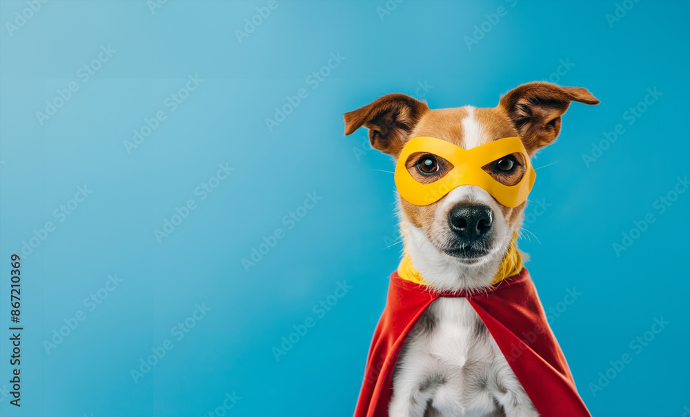 A dog is wearing a yellow and red superhero costume. The dog is looking at the camera with a frown on its face A dog is wearing a yellow and red superhero costume. The dog is looking at the camera with a frown on its face