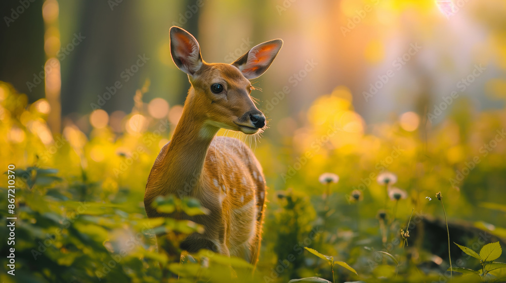 A deer is standing in a field of grass. The sun is shining brightly, casting a warm glow on the scene. The deer appears to be looking to its right, possibly curious about something in the distance A deer is standing in a field of grass. The sun is shining brightly, casting a warm glow on the scene. The deer appears to be looking to its right, possibly curious about something in the distance