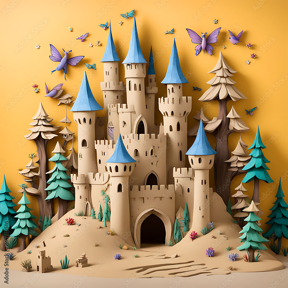 Enchanting Fairy Tale-Themed 3D Art on a Solid Yellow Background Featuring Enchanted Forests, Magical Creatures, and Whimsical Castles Enchanting Fairy Tale-Themed 3D Art on a Solid Yellow Background Featuring Enchanted Forests, Magical Creatures, and Whimsical Castles