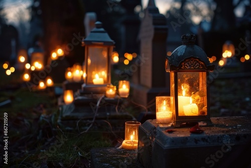 Lanterns and candles illuminating a cemetery at dusk during all saints day © ylivdesign