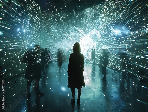 A cinematic still of the opening scene from The Matrix, featuring dot matrix code in an art gallery with holographic projections and characters facing towards camera. A woman stands before them as photo