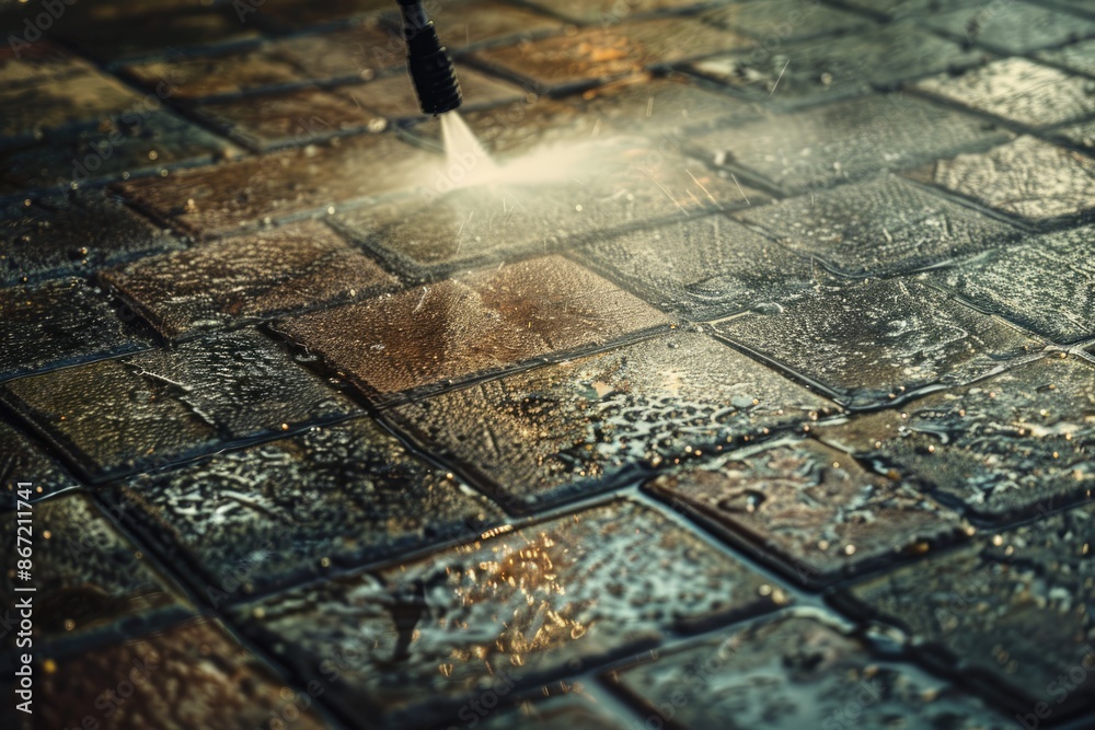 Naklejka premium Cleaning Brick Patio with Pressure Washer