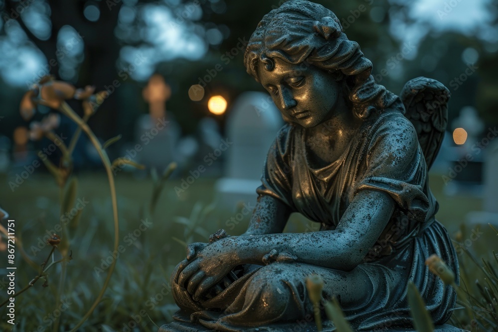 Naklejka premium Weathered angel statue kneeling in a cemetery with glowing lights in the background