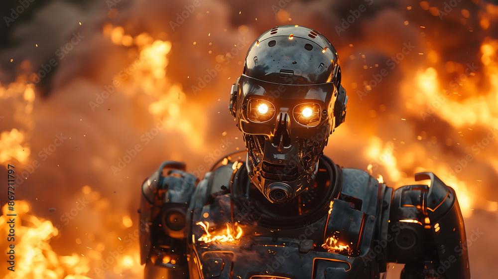 Cinematic shot of an old style robot with glowing eyes, standing in front of burning flames, with the texture and look of a metal surface. Cinematic shot of an old style robot with glowing eyes, standing in front of burning flames, with the texture and look of a metal surface.