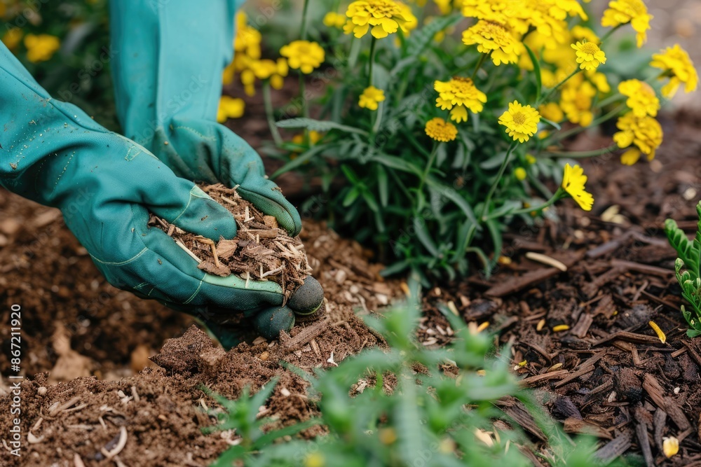 Fototapeta premium Hands in Green Gloves Mulching a Flower Bed