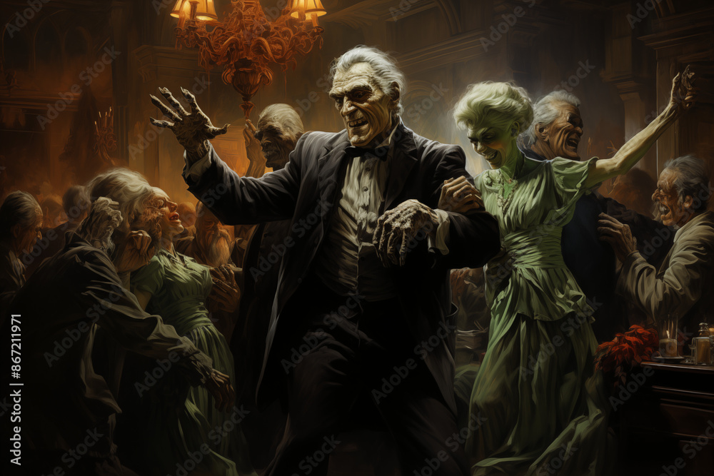 Classic Halloween Monsters Dancing in a Spooky, and Decorated Ballroom Classic Halloween Monsters Dancing in a Spooky, and Decorated Ballroom