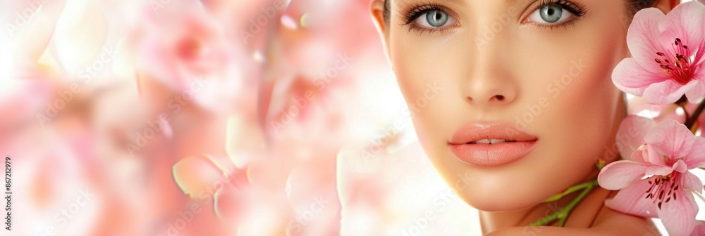 Woman adorned with pink flowers. Woman adorned with pink flowers.