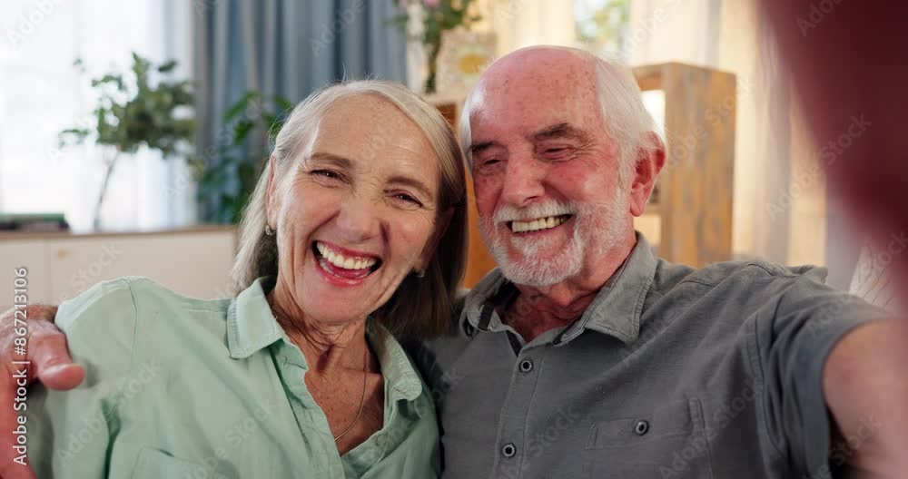 Selfie, smile and face of senior couple on sofa laughing for comic, funny or humor joke together. Happy, love and elderly man and woman in retirement with photography picture for bonding at home. Selfie, smile and face of senior couple on sofa laughing for comic, funny or humor joke together. Happy, love and elderly man and woman in retirement with photography picture for bonding at home.