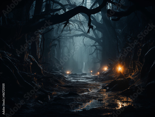 Dark Twisted Forest with Gnarled Trees and Glowing Eyes in the Shadows