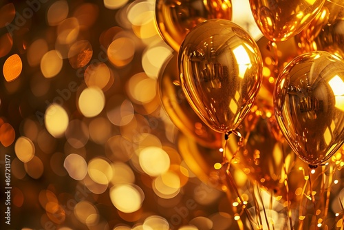  golden foil balloons on a golden bokeh background,