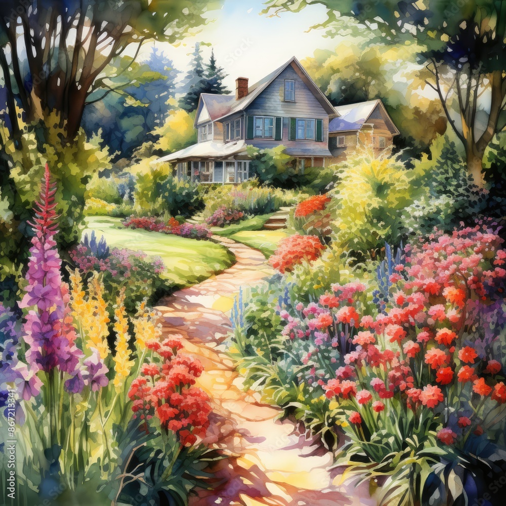 Lush garden with flowers and path Lush garden with flowers and path