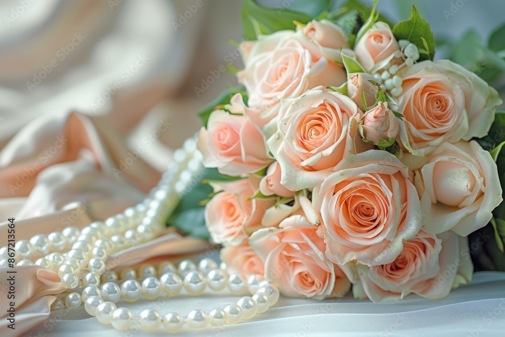 A bouquet of pink roses on white satin