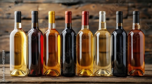 Row of wine bottles on wooden shelf photo