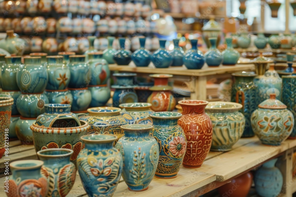 Rows of colorful ceramic pots with unique patterns sitting on light brown wooden shelves at a flea market