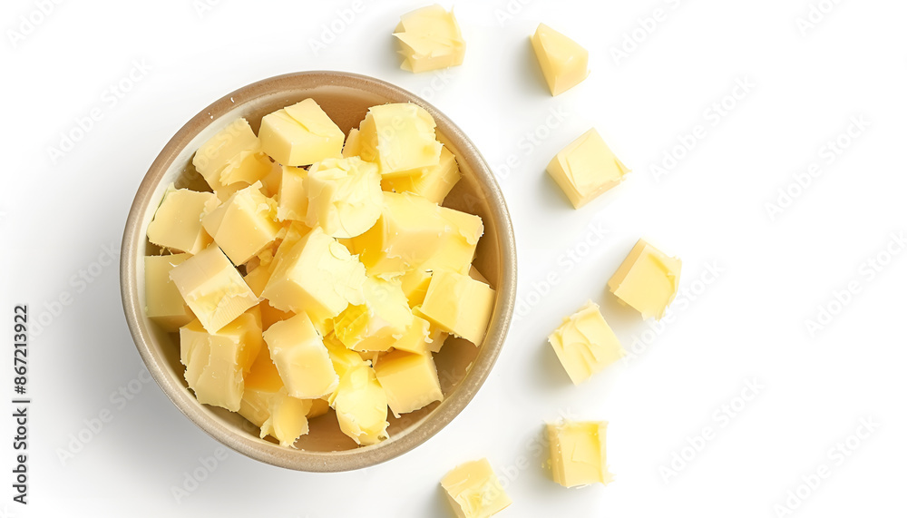 Tasty butter cubes in bowl isolated on white, top view Tasty butter cubes in bowl isolated on white, top view