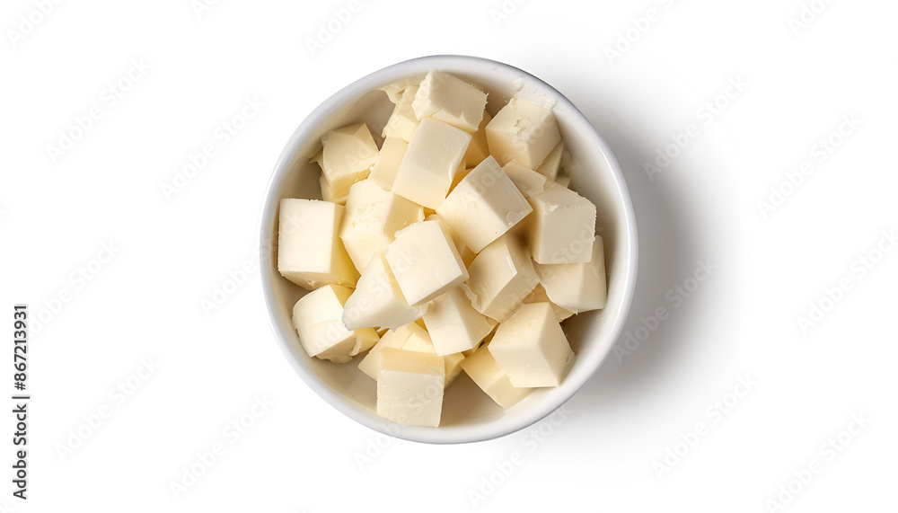 Tasty butter cubes in bowl isolated on white, top view Tasty butter cubes in bowl isolated on white, top view
