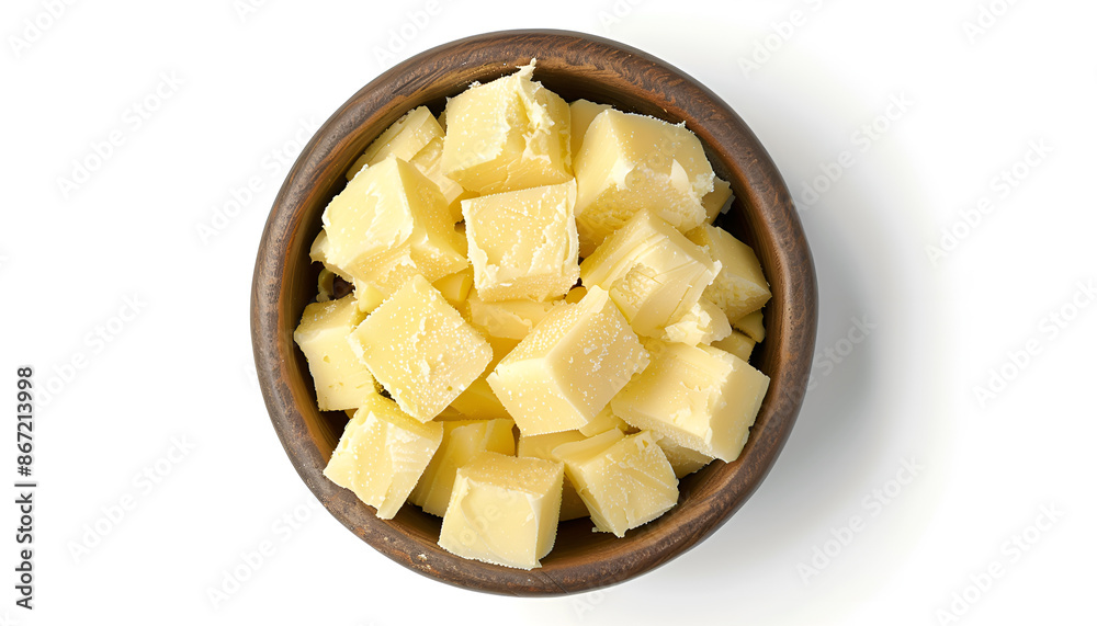 Tasty butter cubes in bowl isolated on white, top view Tasty butter cubes in bowl isolated on white, top view