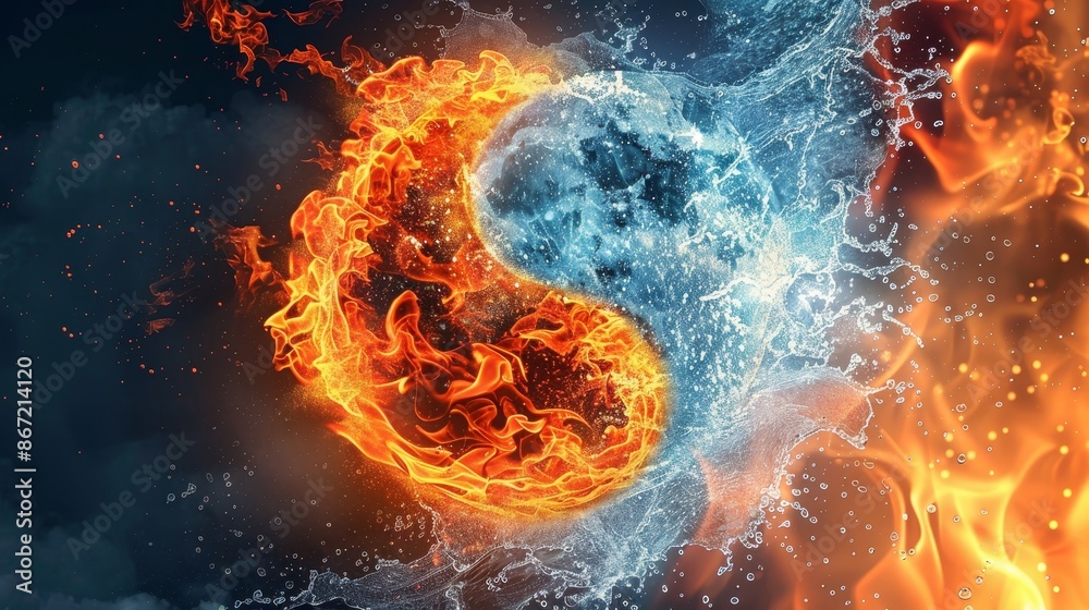 Yin Yang Tao symbol with fire and water, vibrant flames and cool water ...