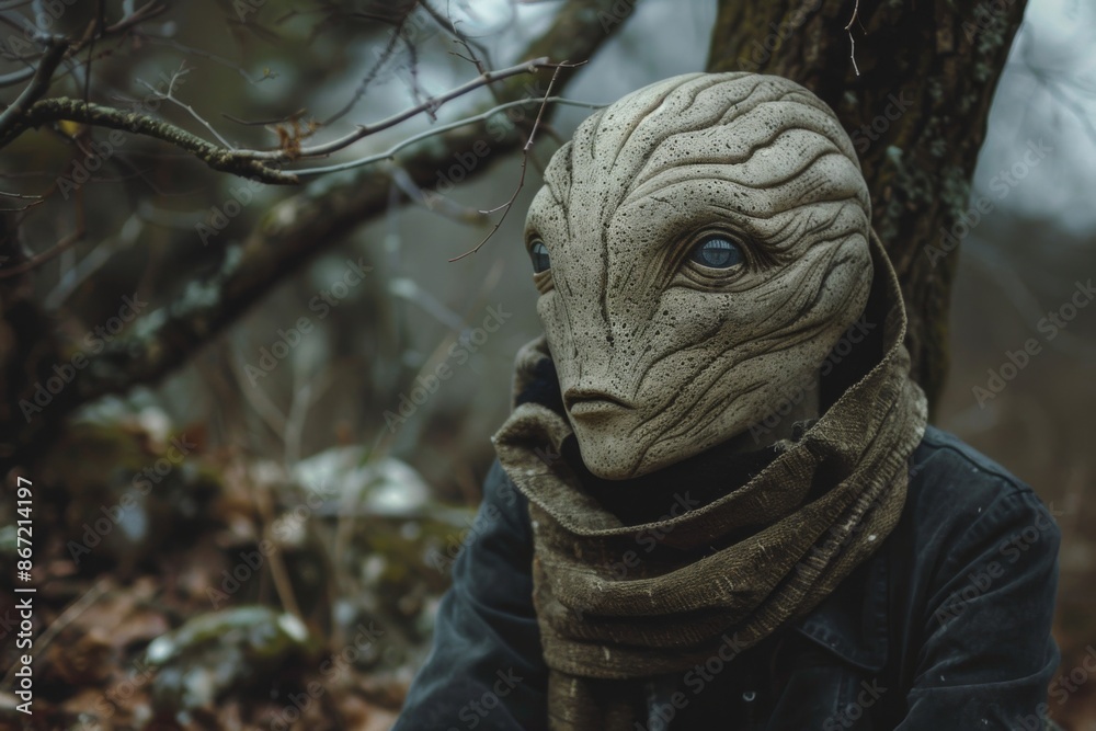 Obraz premium Alien humanoid with a smooth headscarf looking introspectively in the woods