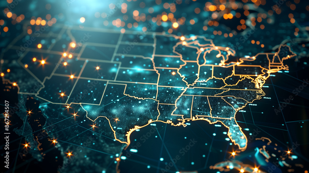 A stylized map of the United States, highlighted with glowing points and lines, creating a network effect. A stylized map of the United States, highlighted with glowing points and lines, creating a network effect.
