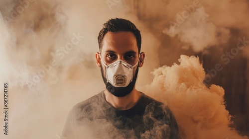 Man Wearing Respirator Mask in Smoky Background  Air Pollution and Health Concept photo