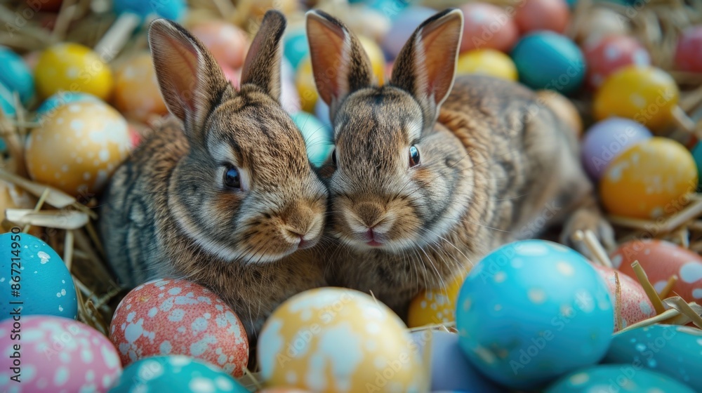 Two rabbits sitting in a pile of colored eggs Two rabbits sitting in a pile of colored eggs