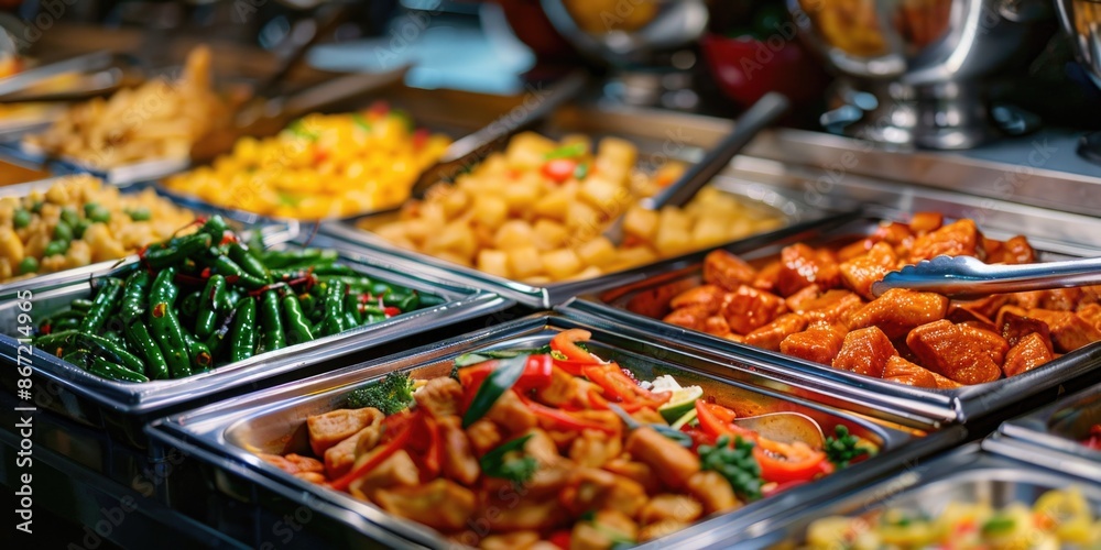 Varied buffet spread with multiple food options Varied buffet spread with multiple food options
