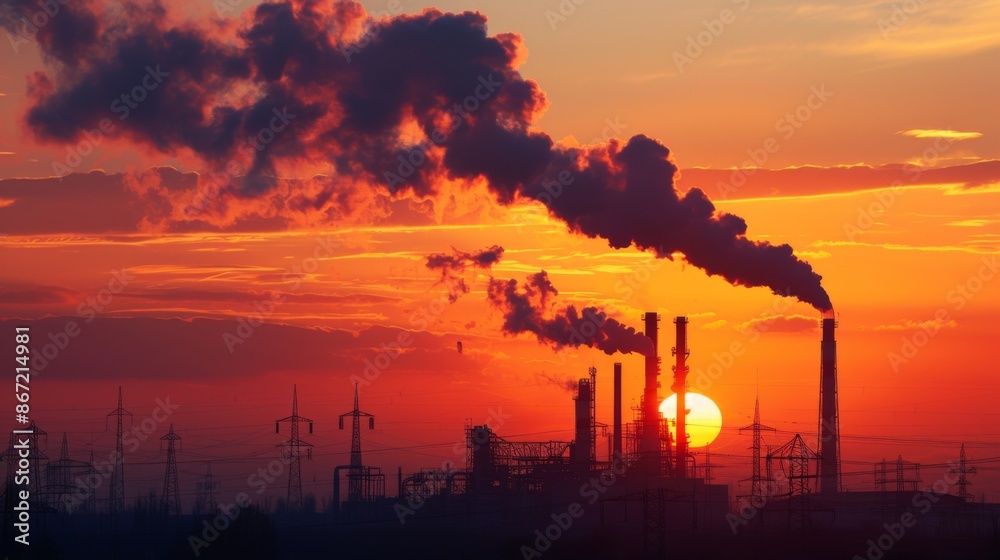 Industrial Pollution: Factory Emitting Smoke at Sunset with Rising Fuel Prices Industrial Pollution: Factory Emitting Smoke at Sunset with Rising Fuel Prices