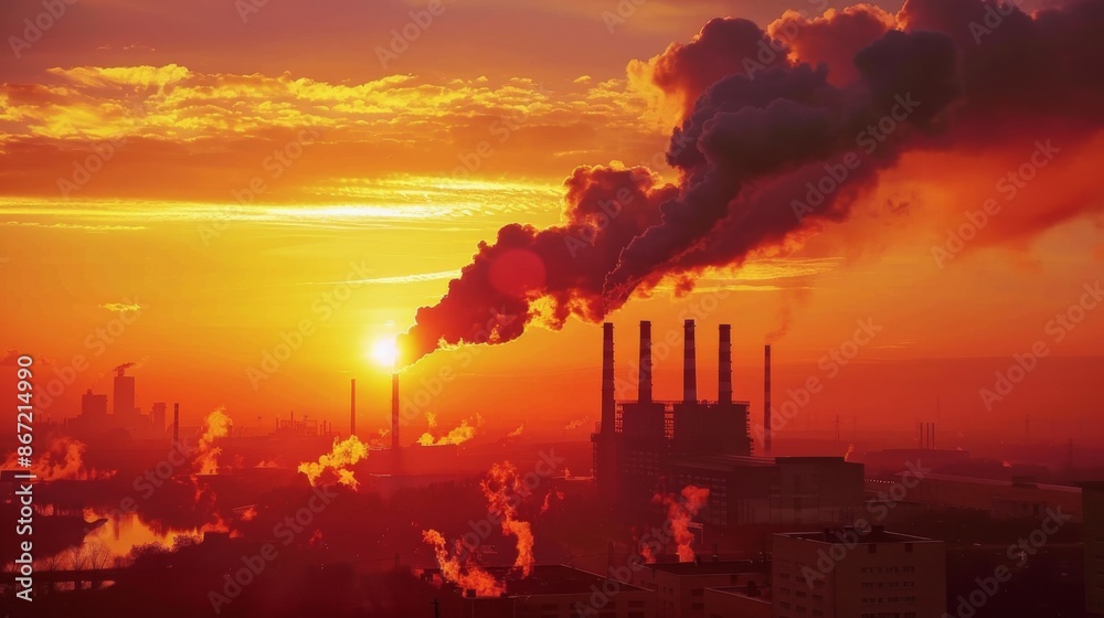 Obraz premium Industrial Pollution Symbolism at Sunset with Rising Fuel Prices