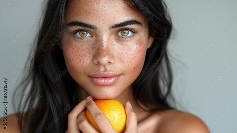 Portrait of a Natural Beauty with Freckles Holding an Orange Portrait of a Natural Beauty with Freckles Holding an Orange