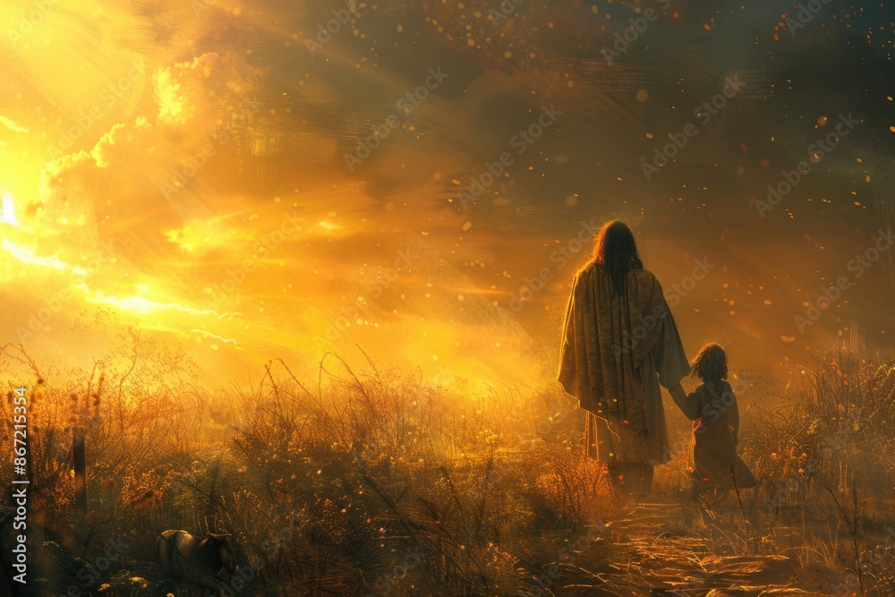 Fototapeta premium Sunset walk with a child