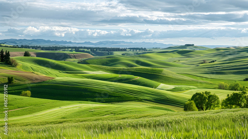 Green rolling hills of farmland wheat fields seen from the Palouse in Washington State USA © Alizeh