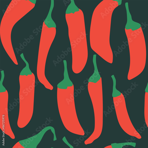 Seamless pattern with red chili pepper on black background. Vector illustration.