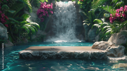 Podium floor above wooden table in outdoor waterfall green tropical forest nature