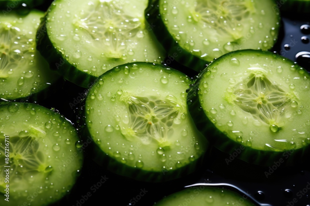 Fresh cucumber slices with water droplets Fresh cucumber slices with water droplets