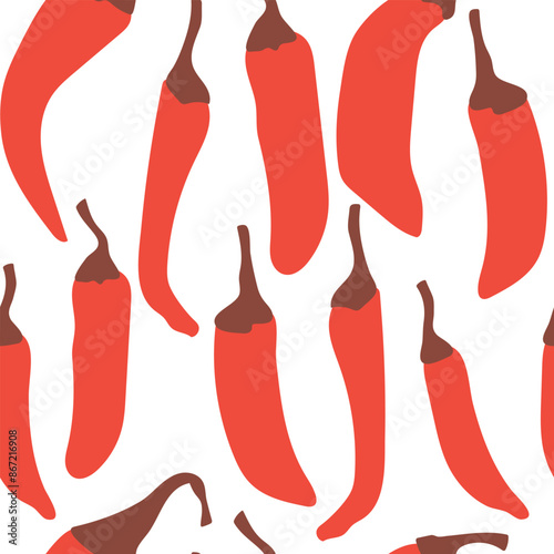 Seamless pattern with red chili pepper on white background. Vector illustration.