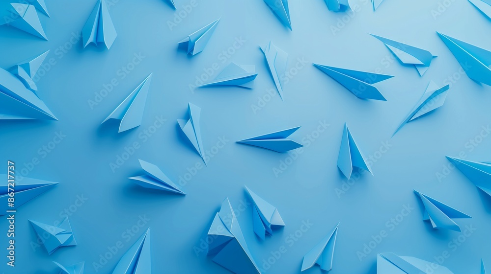A Calm Minimalist Background of Blue Origami Paper Airplanes in Flight A Calm Minimalist Background of Blue Origami Paper Airplanes in Flight