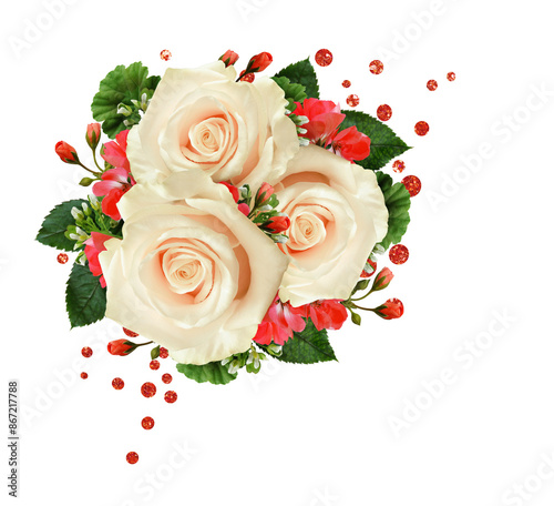 Cream roses and red geraniu...