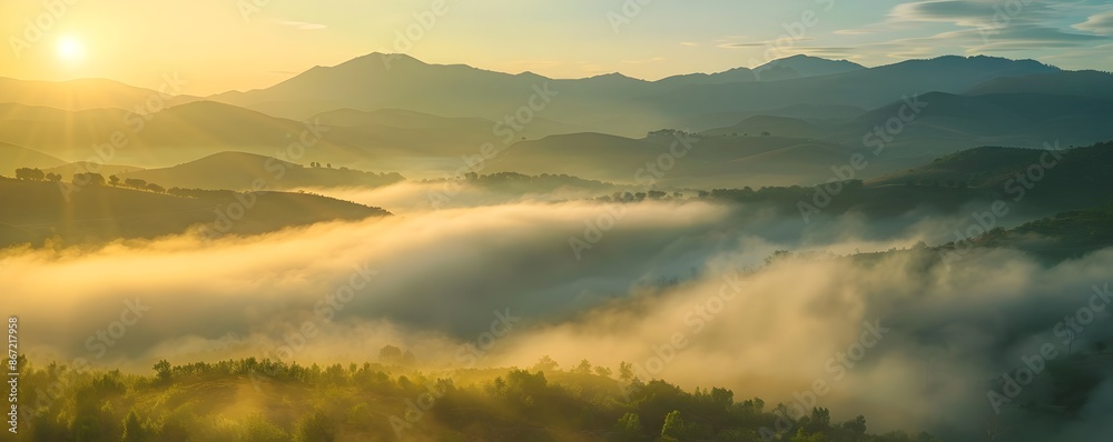 Fototapeta premium Mystical Misty Mountain Sunrise Landscape with Glowing Sunlight over Peaks and Valleys