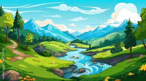 Cartoon illustration of a serene river flowing through a lush green valley surrounded by majestic mountains. Concept of nature, landscape, summer, and tranquility