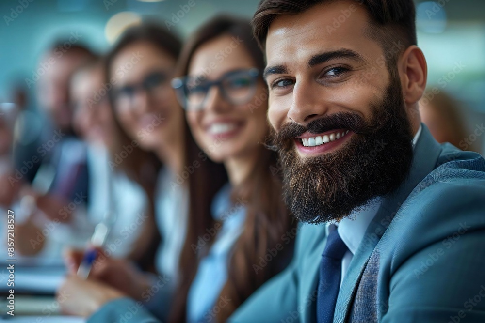 The beautiful group of business executives, including a well-groomed bearded man and a woman wearing glasses, are smiling and taking notes during a meeting at the office. The beautiful group of business executives, including a well-groomed bearded man and a woman wearing glasses, are smiling and taking notes during a meeting at the office.