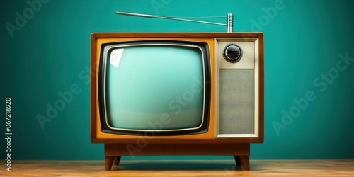 Vintage Television Set with Antenna Against Teal Background