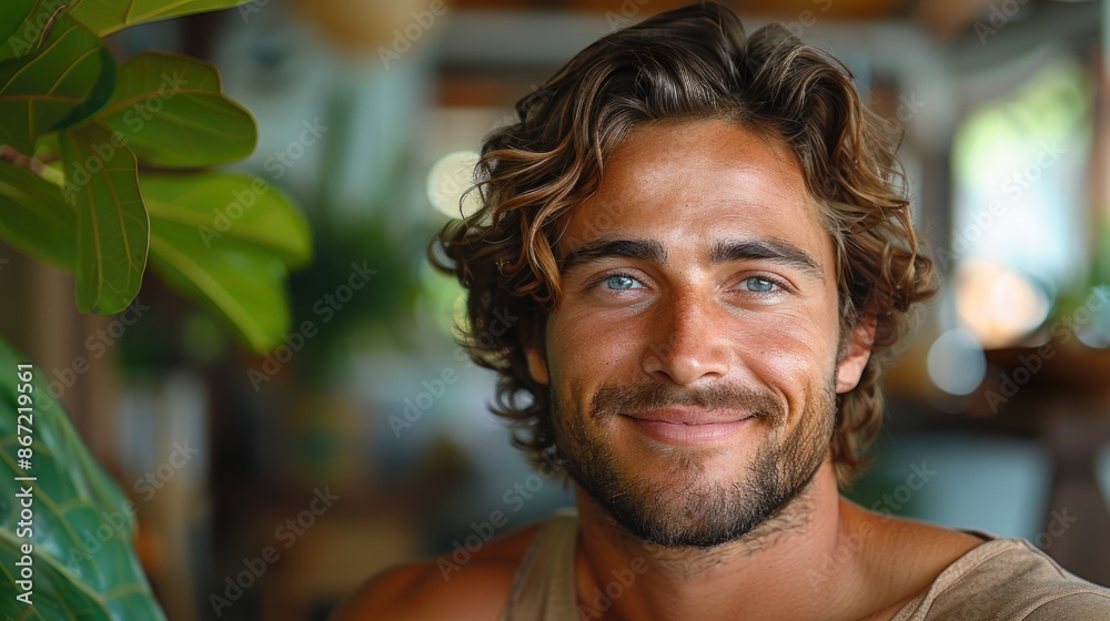 Handsome Man with Wavy Hair and Blue Eyes Sitting Indoors in Bright, Relaxed Environment Handsome Man with Wavy Hair and Blue Eyes Sitting Indoors in Bright, Relaxed Environment
