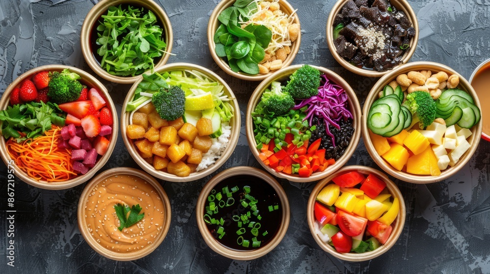 Healthy meal prep bowls with fruit, vegetables, and grains Healthy meal prep bowls with fruit, vegetables, and grains